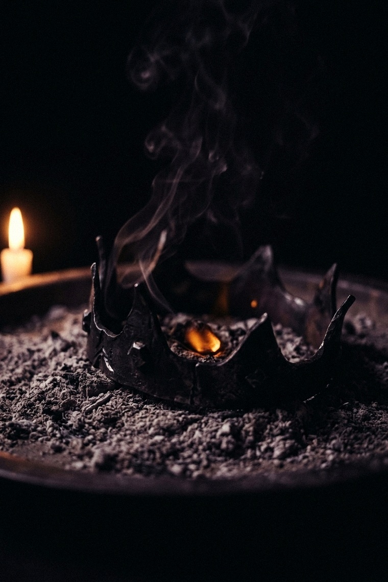 Aschekrone: a blackened iron crown in glowing ash