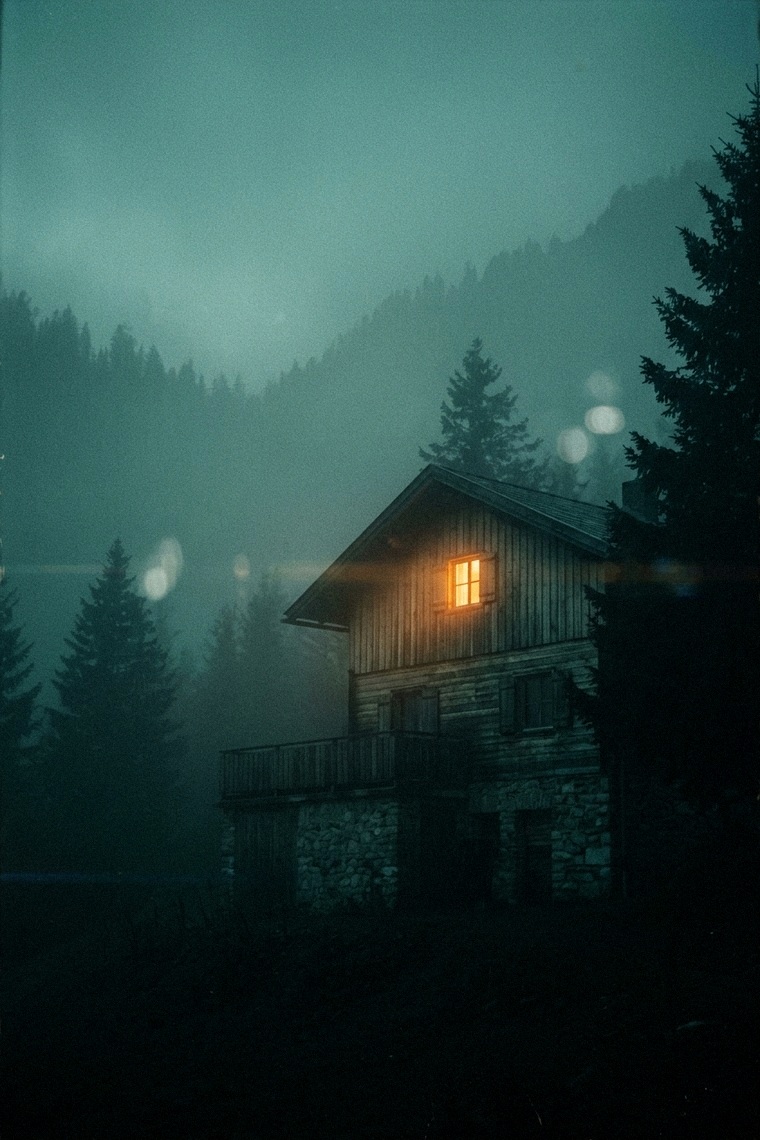 Die Pension: a guesthouse in fog, a single warm window